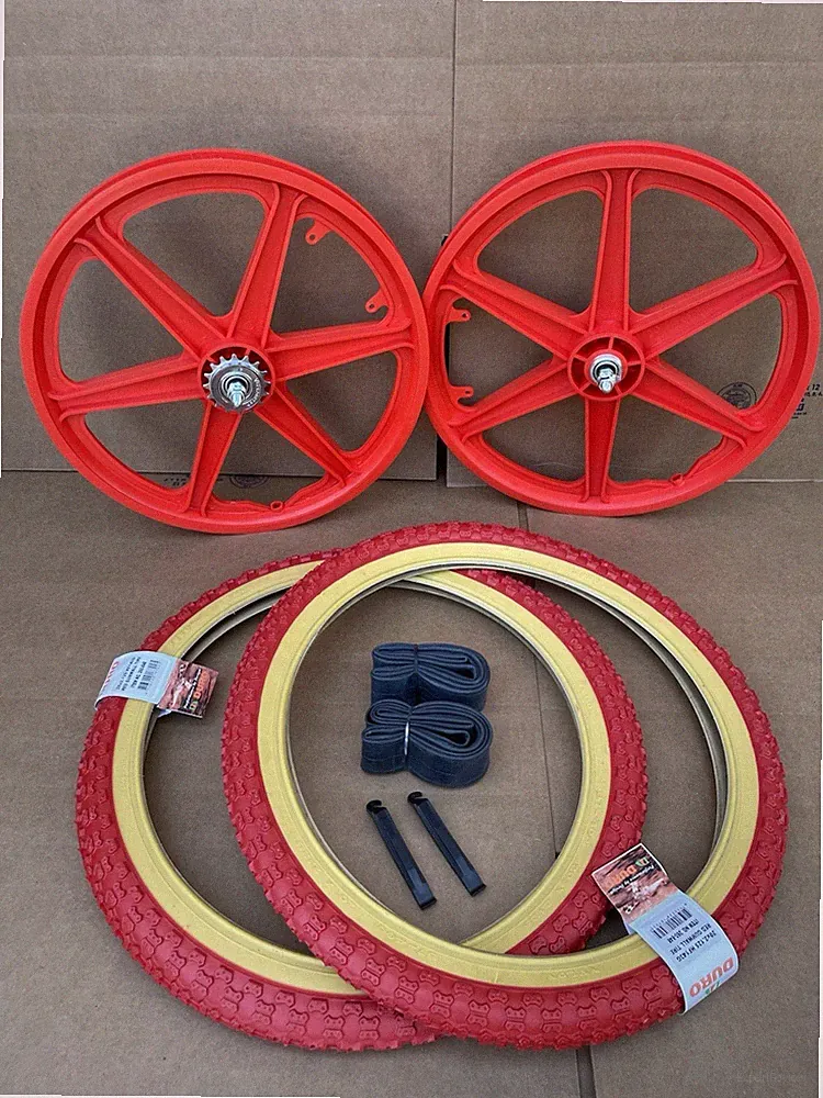 20" Bicycle Plastic RED 6-spoke Mag Wheels and Red Gum Wall Tire Set GT Rims BMX