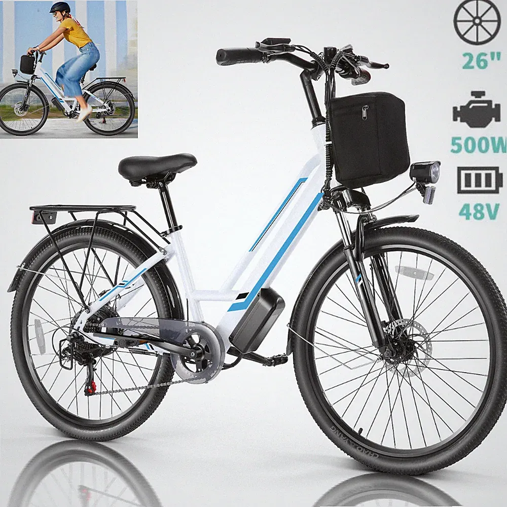 Electric Bike 26in City Commuting Bicycle 500W 48V Cruiser Beach Ebikes 7-Speed⚡