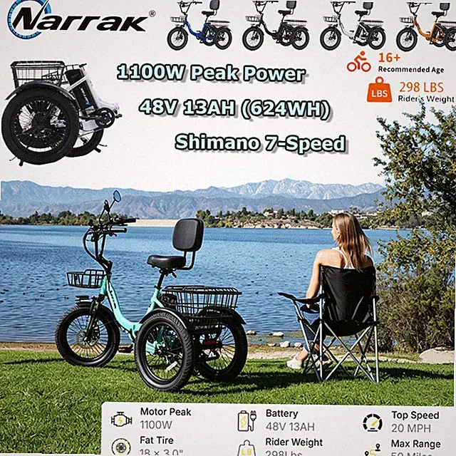 NARRAK N6 Fat Tire Folding Electric Trike for Adults 624WH Shimano 7-Speed N3