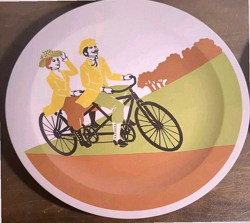 Scarce MCM 6 Vtg. Malamine Plates National Home Products "Tandem Bicycle Ride"